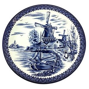 1940's Large Vintage Porcelain Delftware Porcelain Decorative Plate Netherlands
